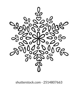 Floco de neve vetorial em estilo étnico escandinavo. Elemento de doodle desenhado à mão bonito, isolado no fundo branco.