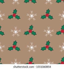 Vector snowflake and holly seamless pattern background. Perfect for fabric, scrapbooking, wallpaper projects.