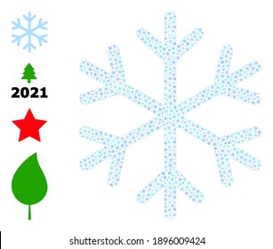 Icono vector de copo de nieve mosaico covid-2019. El mosaico de copos de nieve está construido a partir de pequeños íconos virales cómodos. Imagen creada para proyectos pandémicos.