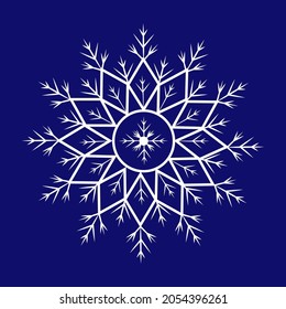 Vector snowflake icon on a blue background. A beautiful snowflake. Ideal for printing on fabric or paper, children's books.  Winter illustration.  A symbol of Christmas Frost and New Year.