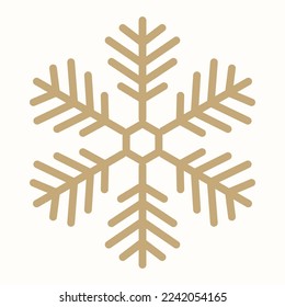 Vector snowflake icon. Simple gold geometric snow sign. Golden illustration isolated on white background. Luxury minimal graphic element. Winter snowflake silhouette. Christmas and New Year theme 