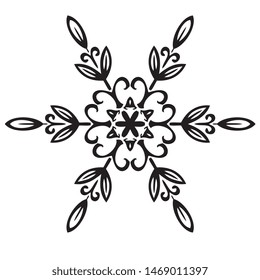 Vector snowflake illustration for your creative design. Mandala for adults coloring book. Graphic flower element. Black object isolated on white background can be used for pattern creating.