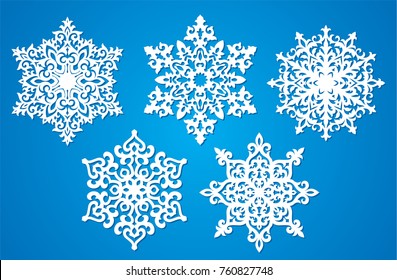 Vector snowflake laser cut template. Cutout pattern of Christmas or New Year decoration. Background illustration for greeting card, banner and other holiday media.