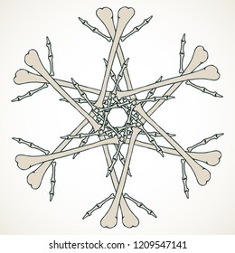 Vector snowflake made of bones in beige isolated over white background.