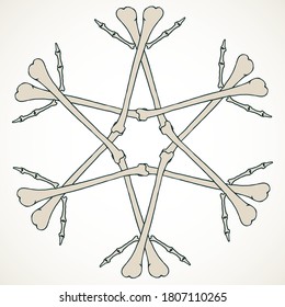 Vector snowflake made of bones in beige isolated over white background.