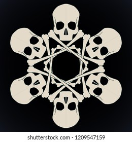 Vector snowflake made of skulls and bones in beige isolated over black background.