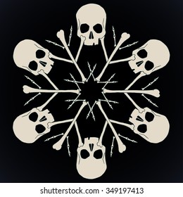 Vector snowflake made of skulls and bones in beige isolated over black background.