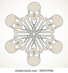 Vector snowflake made of skulls and bones in beige isolated over white background.