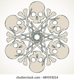 Vector snowflake made of skulls and bones in beige isolated over white background.