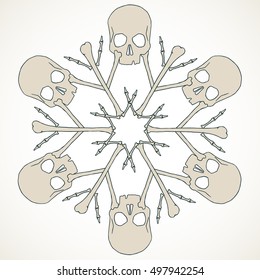 Vector snowflake made of skulls and bones in beige isolated over white background.