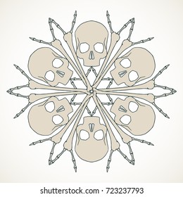 Vector snowflake made of skulls and bones in beige isolated over white background.