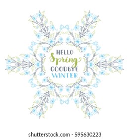 Vector snowflake of spring blossoms. Spring flowers on tree branches isolated on white background. There is copyspace for your text in the center.