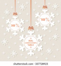 Vector snowflake tags - Christmas sale. Winter vintage background. Advertise of discount season. Decorative illustration for print, web