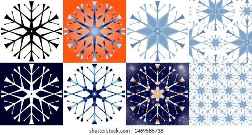 Vector snowflake - white. black, color, with a gradient fill, in a seamless pattern. Logos, icons - set of elements for design on the theme of winter, cold, space, frost.