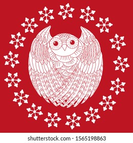 Vector Snowflake Wreath with owl. Holiday Christmas stickers.