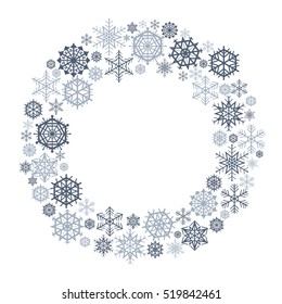 Vector Snowflake Wreath.  Snow Flake Circle Frame Isolated On White Background.