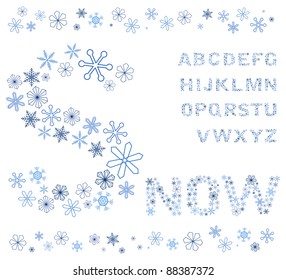Vector snowflakes alphabet on a white background