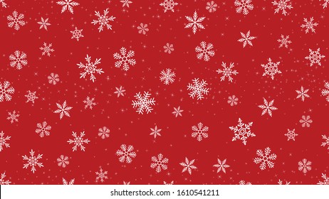 Vector snowflakes background. Elegant red Christmas and New Year seamless pattern with white snow, sparkles, snowflakes, shiny confetti. Winter holidays theme. Design for decoration, website, banner