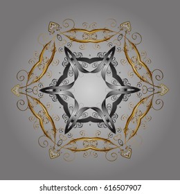 Vector snowflakes background. Snowflakes pattern. Doodles winter pattern. Flat design of golden snowflakes isolated on gray background.