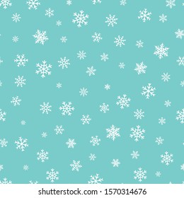 Vector Snowflakes Background. Simple Christmas And New Year Seamless Pattern With Snow, Different Small White Snowflakes On Green Background. Winter Holidays Theme. Cute Repeating Decorative Design