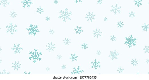 Vector snowflakes background. Simple Christmas and New Year seamless pattern with snow, different snowflakes on green background. Winter holidays theme. Design for decoration, banner, wallpapers, web