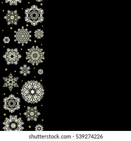 Vector snowflakes background. Snowflake seamless pattern. Snowflakes pattern with place for your text. Vertical flat design of yellow, beige and neutral snowflakes isolated on black background.