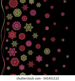 Vector snowflakes background. Snowflake seamless pattern. Snowflakes pattern. Flat design of pink snowflakes isolated on black background.