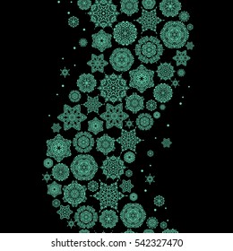 Vector snowflakes background. Snowflake seamless pattern. Snowflakes pattern. Flat design of green snowflakes isolated on black background.