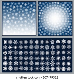 Vector Snowflakes Backgrounds Set. White falling snow on blue gradient. Christmas ornament for sales banner, New Year card. Copy space. Winter sky backdrop. Collection of 80 crystal mandalas