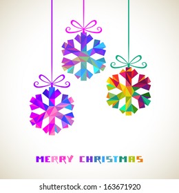 Vector snowflakes with bow made from color triangles. Christmas original modern design element. Greeting, invitation card with sparkling decoration. Festive decorative Illustration for print, web 