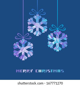 Vector snowflakes with bow made from color triangles. Christmas original modern design element. Greeting, invitation dark blue card with sparkling decoration. Decorative Illustration for print, web