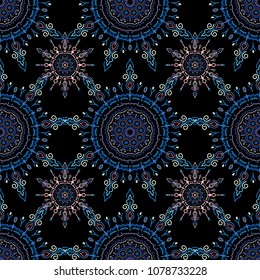 Vector snowflakes and christmas winter pattern. Digital hand drawn of element in the clean, whimsical and modern surface pattern on black background in pink, blue and violet colors.