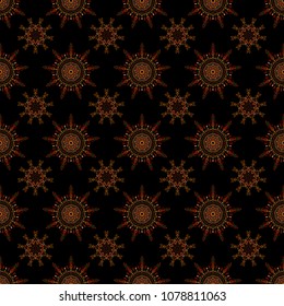 Vector snowflakes and christmas winter pattern. Digital hand drawn of element in the clean, whimsical and modern surface pattern on black background in yellow, red and brown colors.