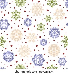 Vector snowflakes and christmas winter pattern. Digital hand drawn of element in the clean, whimsical and modern surface pattern on white background in violet, red and green colors.