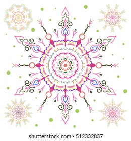Vector snowflakes and christmas winter set. Digital hand drawn of element in the clean, whimsical and modern surface on white background in green and magenta colors.