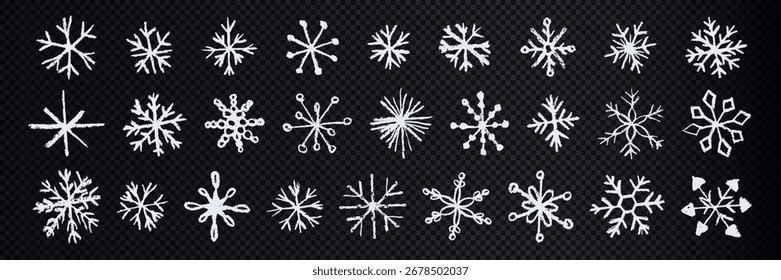 Vektor Schneeflocken Stift strukturiert. Satz weißer Schneeflocken auf transparentem Hintergrund.  Winterflocken in verschiedenen Formen, freihändig gezeichnet. Skizzenhafte Schneeflocken-Kollektion 