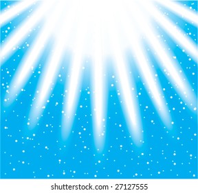 Vector snowflakes descending on a path of light rays.