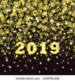 Vector snowflakes falling on black background. Golden snow with shiny sparkles. Happy New Year 2019 card, banner, flyer, poster, website decoration. Glowing design element for winter sale label print.