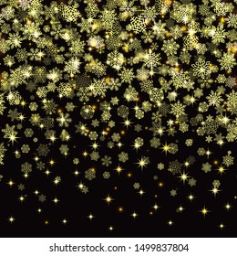 Vector snowflakes falling on black background. Golden snow with shiny sparkles. Happy New Year card, banner, flyer, poster, website decoration. Glowing design element for winter sale label print.
