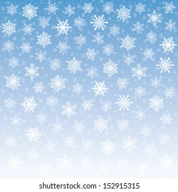 Vector snowflakes falling on blue background. Christmas template for banners, flyers, posters, website decoration. Design element for Happy New Year card, winter sale. Holiday illustration.