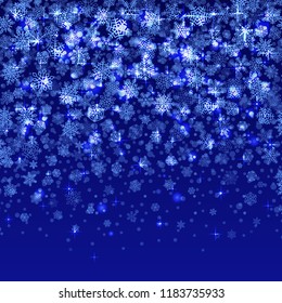 Vector snowflakes falling on dark blue background. Sparkling Christmas snow for banners, flyers, posters, website decoration. Glowing design element for Happy New Year card, winter sale.