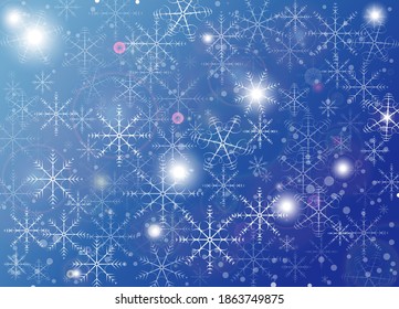 Vectores copos de nieve y ráfagas en un gradiente azul - Fondo de Navidad