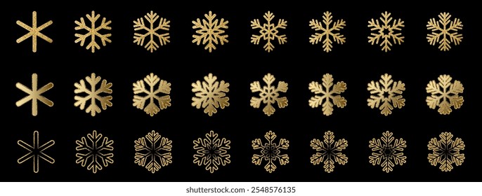 Vector Iconos de copos de nieve. Copo de nieve de oro. Nieve invernal. Patrón de Navidades alegres