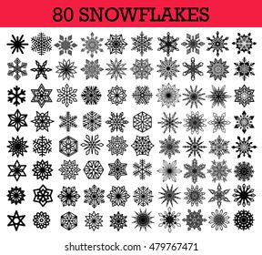 Vector Snowflakes Isolated Set. Collection of different snow flakes, simple and intricate shape, outline and line design elements. For Christmas decoration, New Year card, sales banner, winter icon.