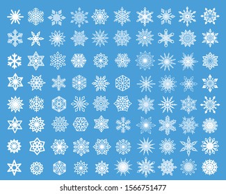 Vector Snowflakes isolated. Thin snow flakes, intricate shape. Fine Christmas decoration for greeting card, winter sale banner, gift paper. White snow on blue background. Logo, tattoo template.