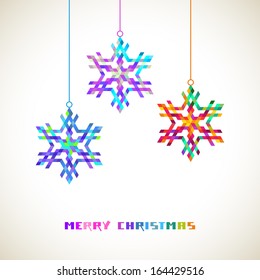 Vector snowflakes made from color rhombuses, greeting inscription. Christmas original modern design element. Invitation card with sparkling bright decoration. Decorative Illustration for print, web