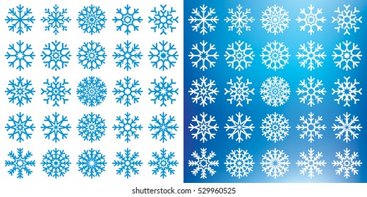 Vector Snowflakes Mega Set On White And Blue Background, Winter Icons Silhouette, 25 Ice Stars, Vector Elements For Your Christmas And New Year Holiday Design Projects