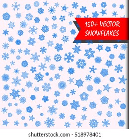 Vector snowflakes megaset. 150+ simple isolated snowflakes illustrations. Monochrome snow background. Every snowflake is unique. Heavy snowfall. Snowy winter christmas and new year holidays stock set.