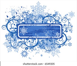 vector snowflakes on blue grunge floral frame