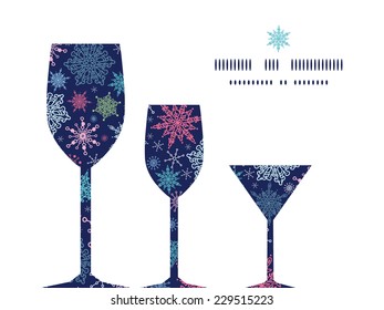 Vector snowflakes on night sky three wine glasses silhouettes pattern frame